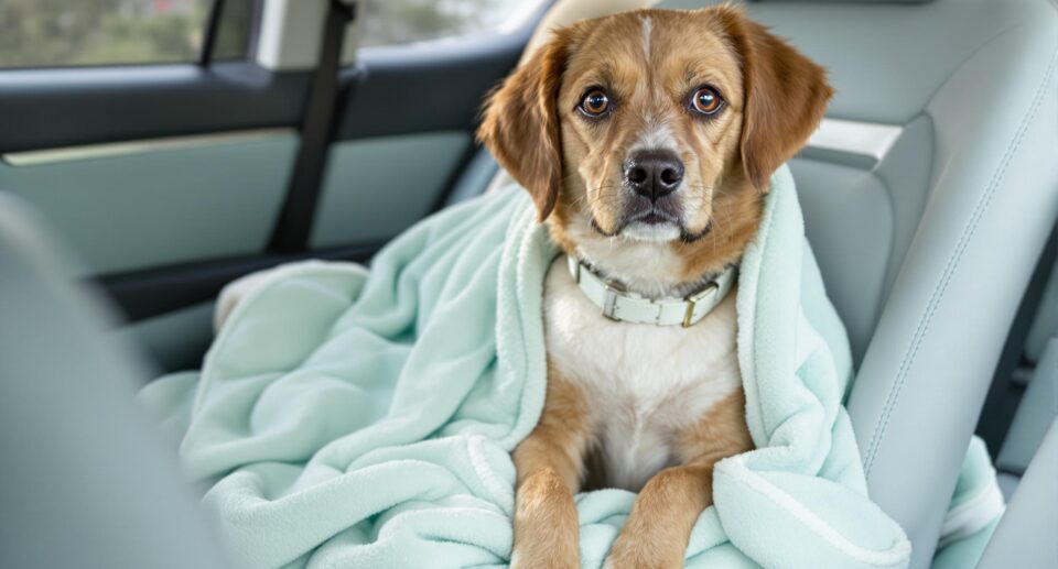 Medium-sized dog sitting calmly in a car booster seat with a mint green blanket, illustrating ways to reduce dog nausea during travel.