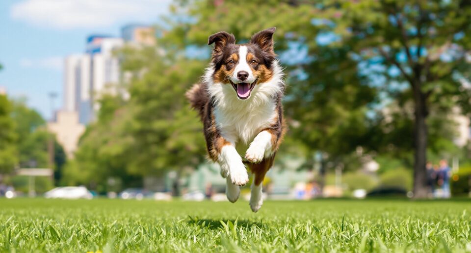 An athletic Border Collie leaping energetically through a park, illustrating dog behavior.