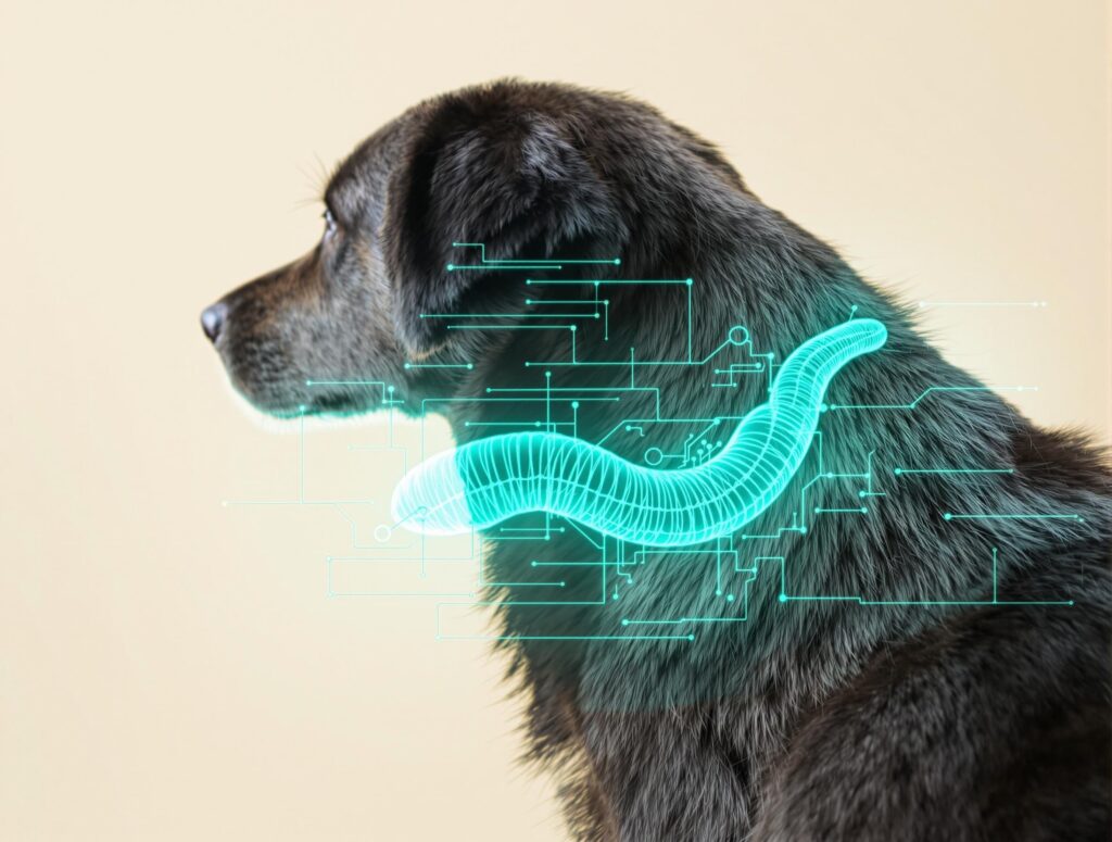 Rear profile of a dark-coated dog with veterinary illustration, highlighting signs of intestinal parasites like tapeworms.