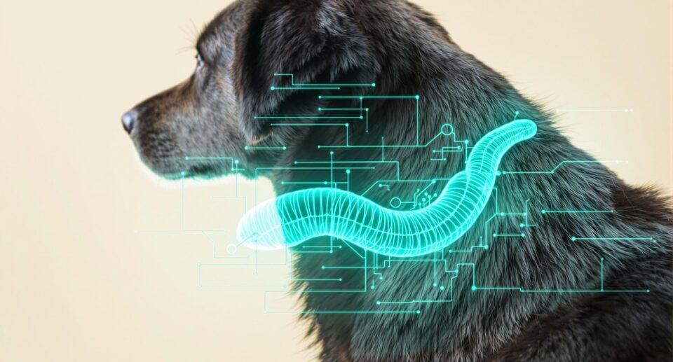 Rear profile of a dark-coated dog with veterinary illustration, highlighting signs of intestinal parasites like tapeworms.