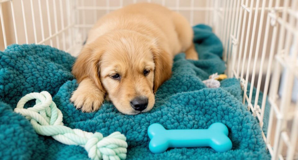 A golden retriever puppy peacefully rests in a crate, surrounded by toys, illustrating dog separation anxiety relief.