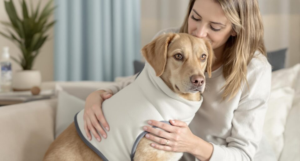 Pet owner fitting Thundershirt on dog for separation anxiety treatment in soothing living room.
