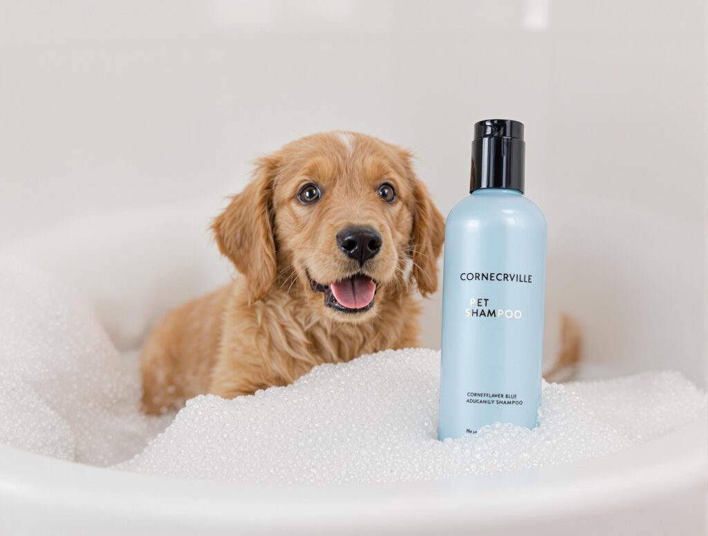 Playful golden retriever puppy bathing in a white tub with bubbles and a cornflower blue pet shampoo bottle.