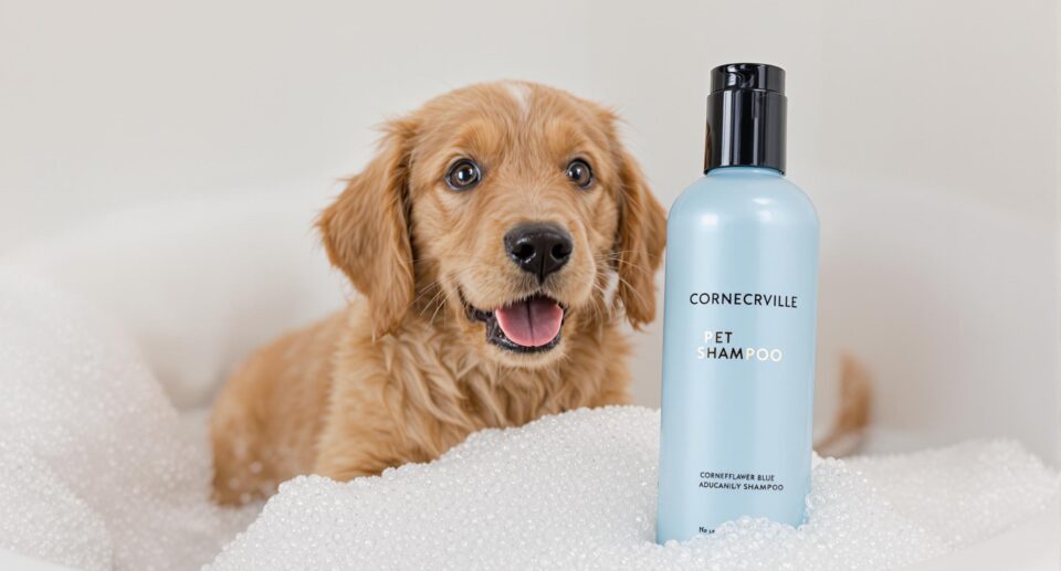 Playful golden retriever puppy bathing in a white tub with bubbles and a cornflower blue pet shampoo bottle.