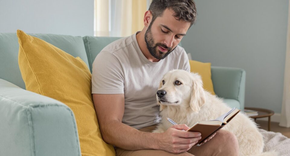 A person attentively writes observations about their dog on a couch, highlighting how to tell if your dog is sick.