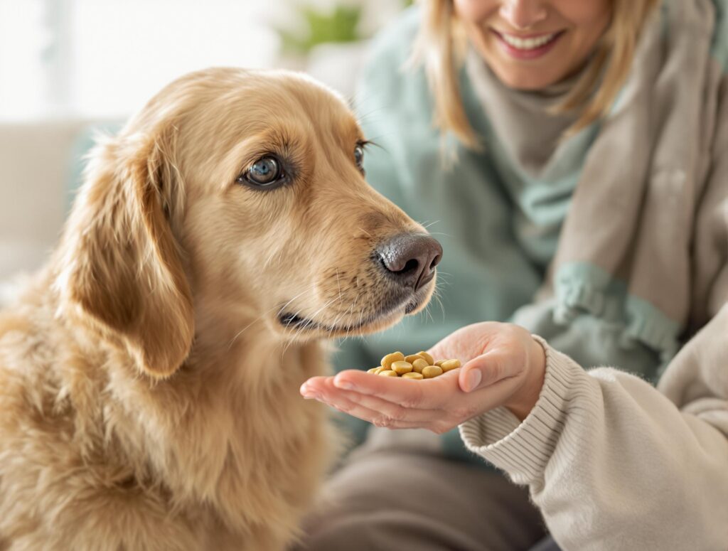 A golden retriever gently takes a supplement from its owner's hand in a softly lit living room, emphasizing care and trust.