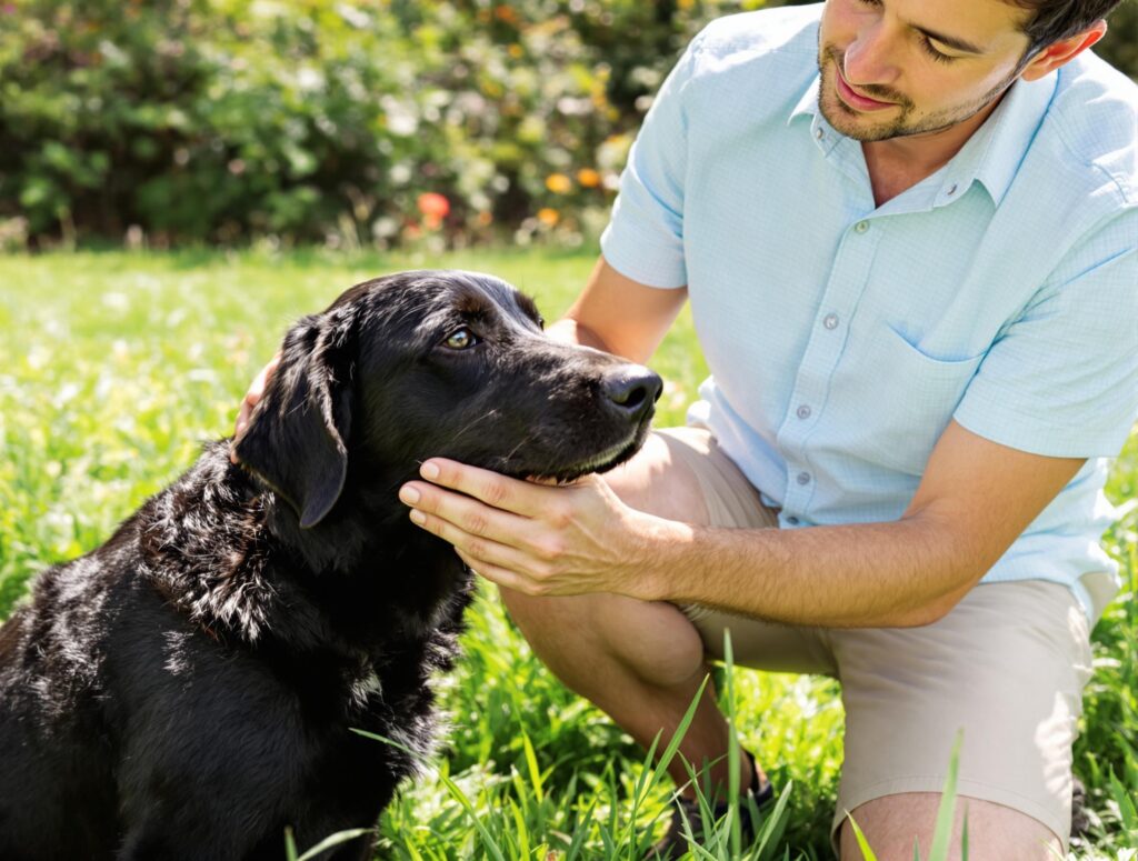 A pet owner inspects a medium-sized dog for ticks in a sunny backyard, highlighting the bond between them.