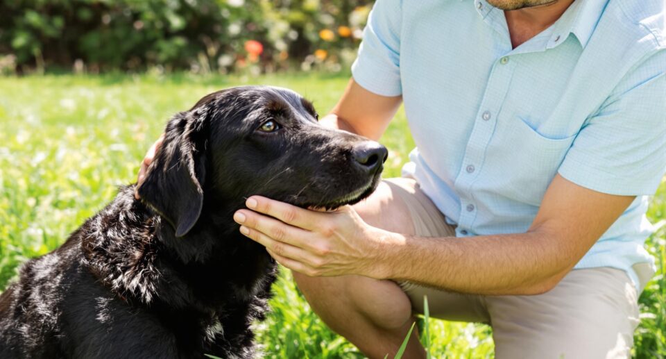 A pet owner inspects a medium-sized dog for ticks in a sunny backyard, highlighting the bond between them.
