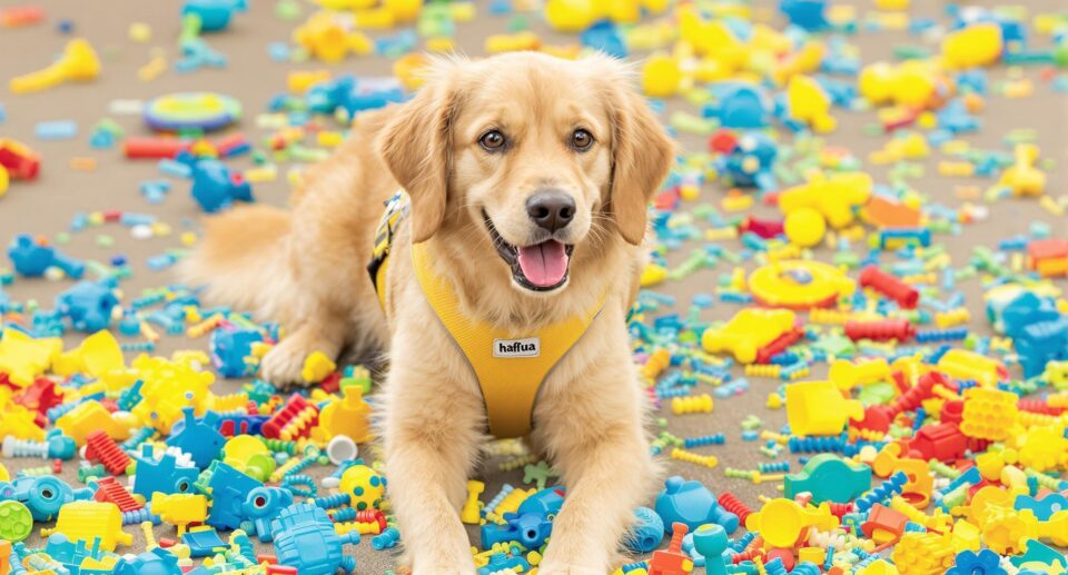 A playful Golden Retriever in a training scene with colorful toys, showcasing dog supplies for an active lifestyle.