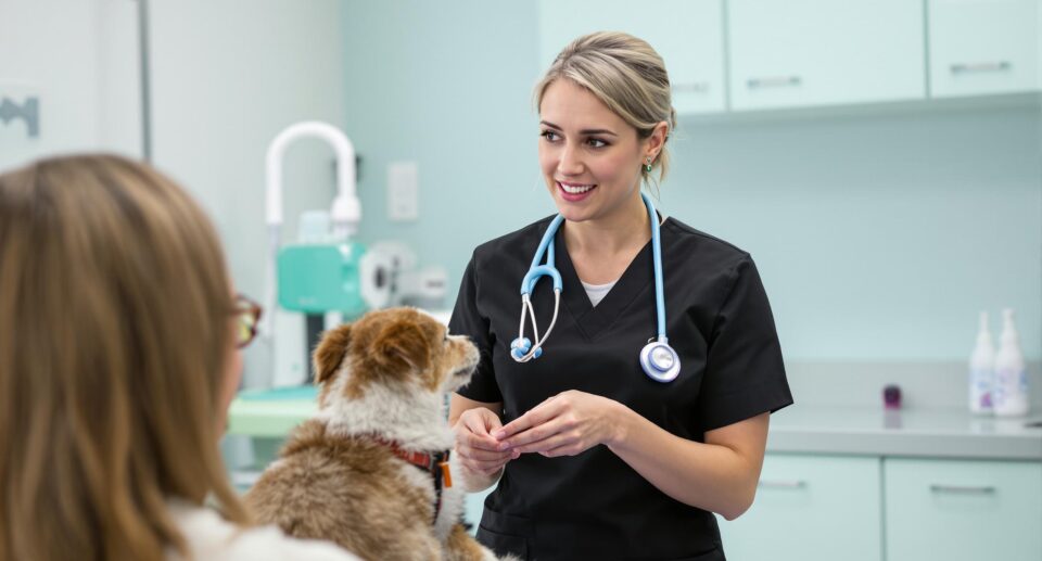 Female veterinarian explaining cystocentesis procedure for dog urinary tract infection in a modern clinic.