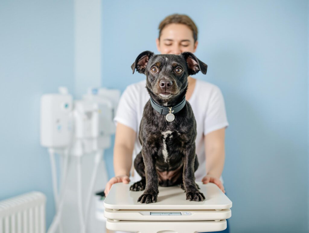 Medium-sized black dog on a weighing scale in a bright room, targeting dog weight loss.