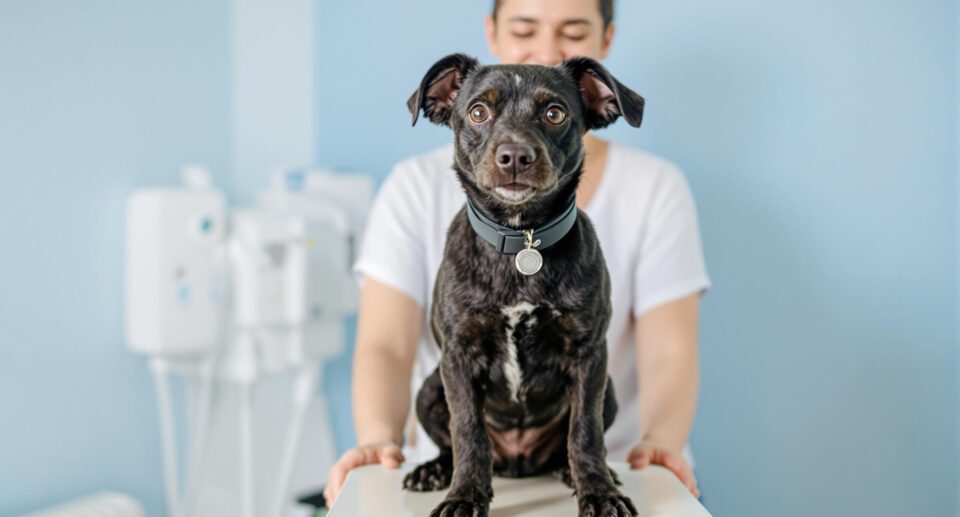 Medium-sized black dog on a weighing scale in a bright room, targeting dog weight loss.