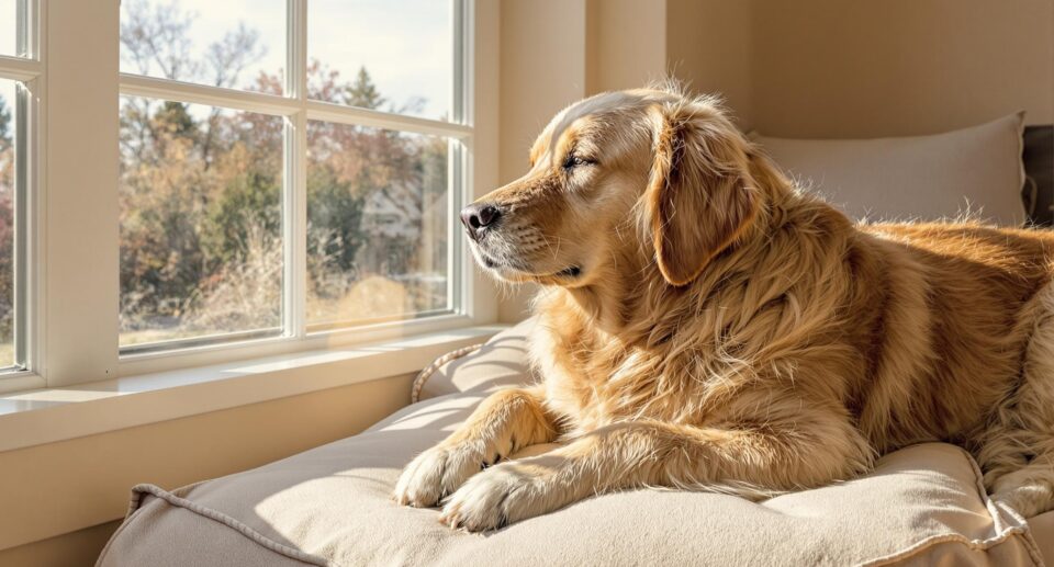 A golden retriever lounging on a cushion by a large window, softly highlighted by sunlight