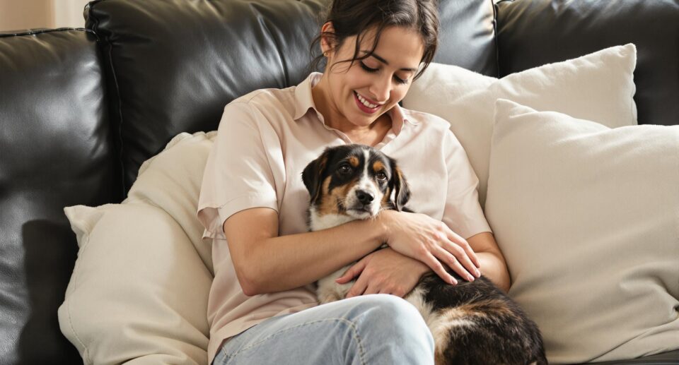 A compassionate pet owner embraces their dog on a sofa, highlighting the emotional bond and addressing questions of dog depression.