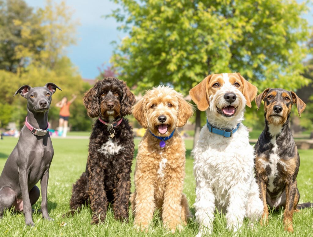 Diverse collection of dogs with unique coat variations in a sunlit park, illustrating why dogs shed.