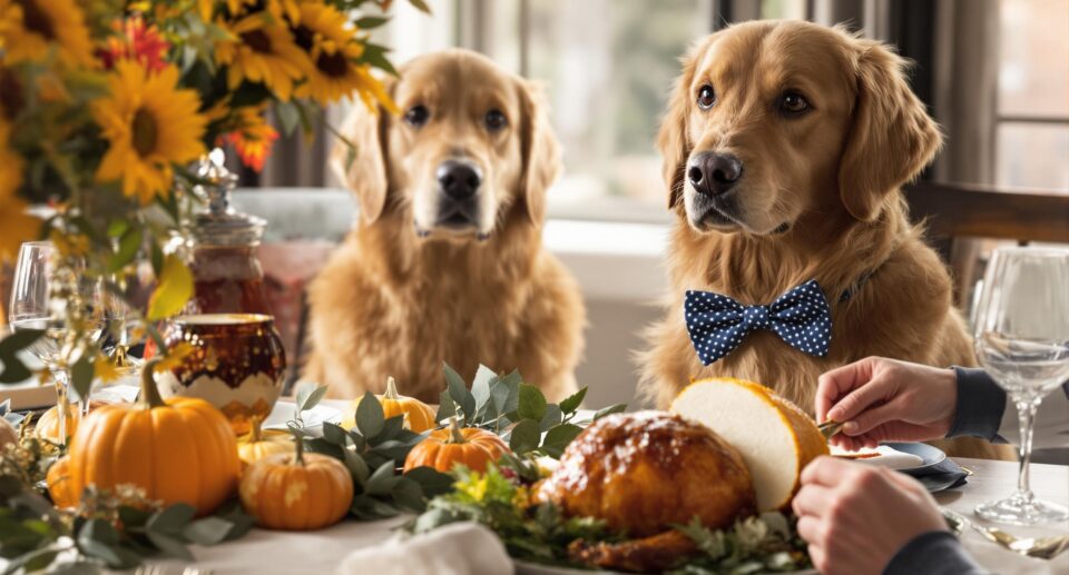 A golden retriever in a bow tie sitting at a Thanksgiving table with a roasted turkey, highlighting dogs and holiday tradition.