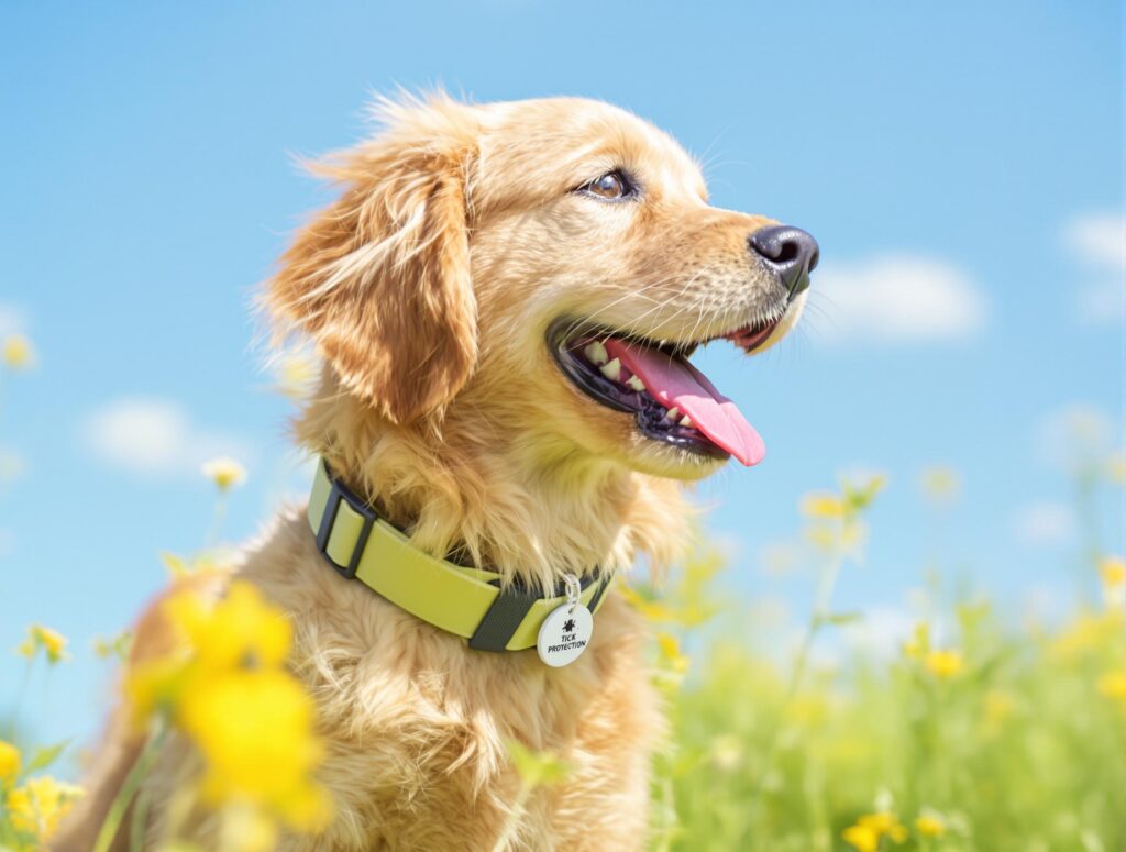 A vibrant Golden Retriever puppy in a meadow, showcasing health and tick prevention for Ehrlichia in dogs.