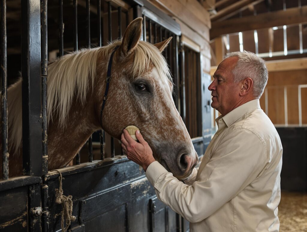 A caretaker gently brushes an elderly horse in a rustic stable, highlighting elder horse care and companionship.