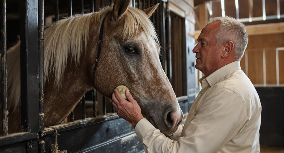 A caretaker gently brushes an elderly horse in a rustic stable, highlighting elder horse care and companionship.