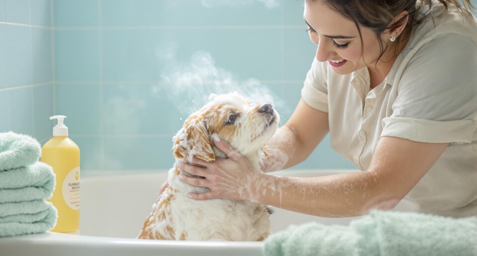 Pet owner washing dog with shampoo to eliminate odor in a warm, clean bathroom.