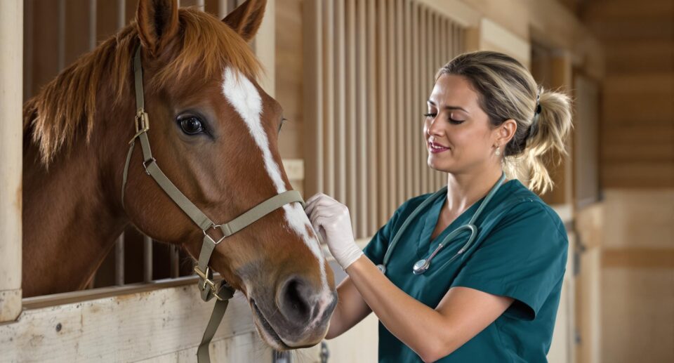 Veterinarian administering vaccine to calm horse in stable, emphasizing equine disease prevention.
