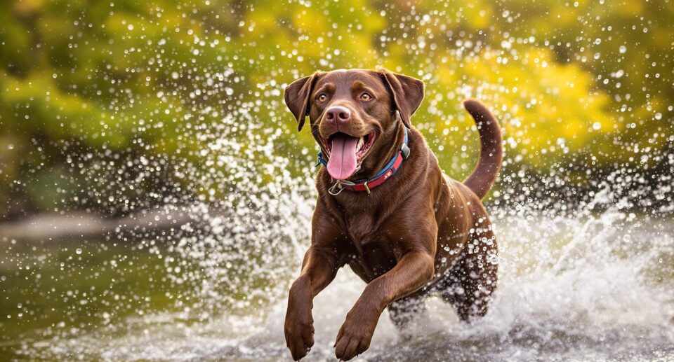 a brown dogs jumps through water in a shallow stream