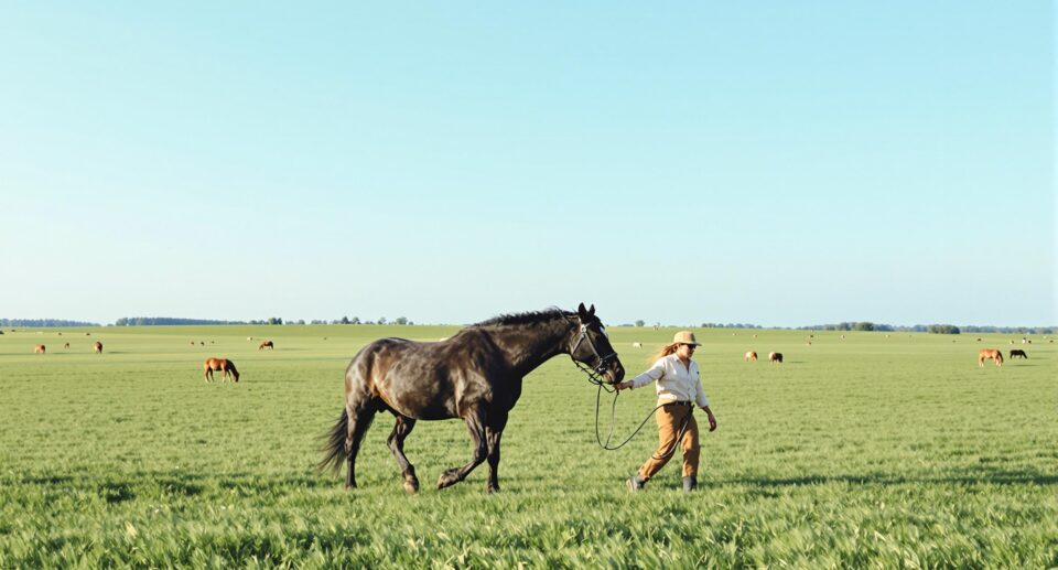 A skilled handler leads a black horse through a mint green pasture, illustrating horse exercise without riding.