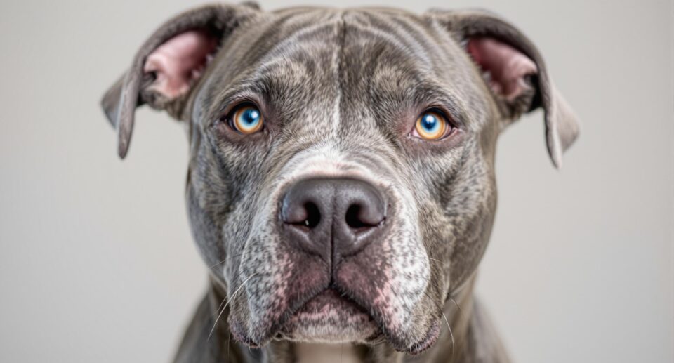 Close-up portrait of a blue-eyed Pit Bull showcases the breed's striking features and gentle expression.