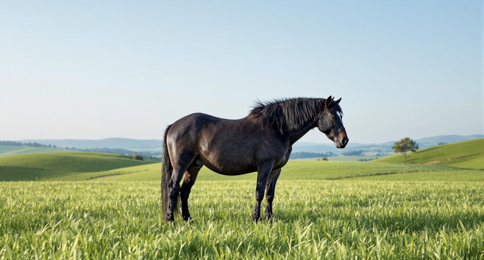 Majestic black horse grazing in a lush pasture under a blue sky, illustrating feeding guide for horses.