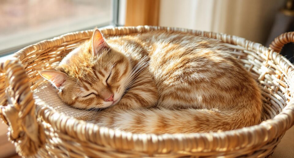 An orange tabby cat sleep peacefully in the daytime in a basket by a window