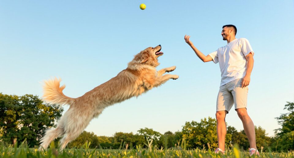 Golden retriever leaping to catch a tennis ball in a park, showcasing an active bond with its owner for first-time dog parents.