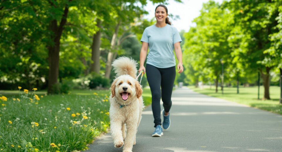 Pet owner walking their large dog after giving the dog a flea and tick treatment