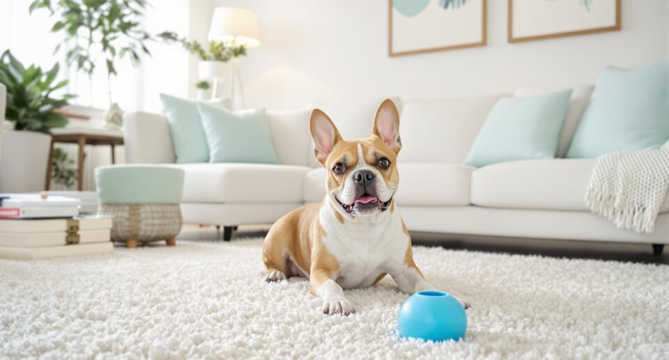 Energetic medium-sized dog with blue chew toy in a clean, flea-free modern living room.