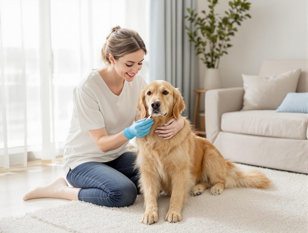 Compassionate pet owner applies flea treatment to calm golden retriever in serene living room setting.
