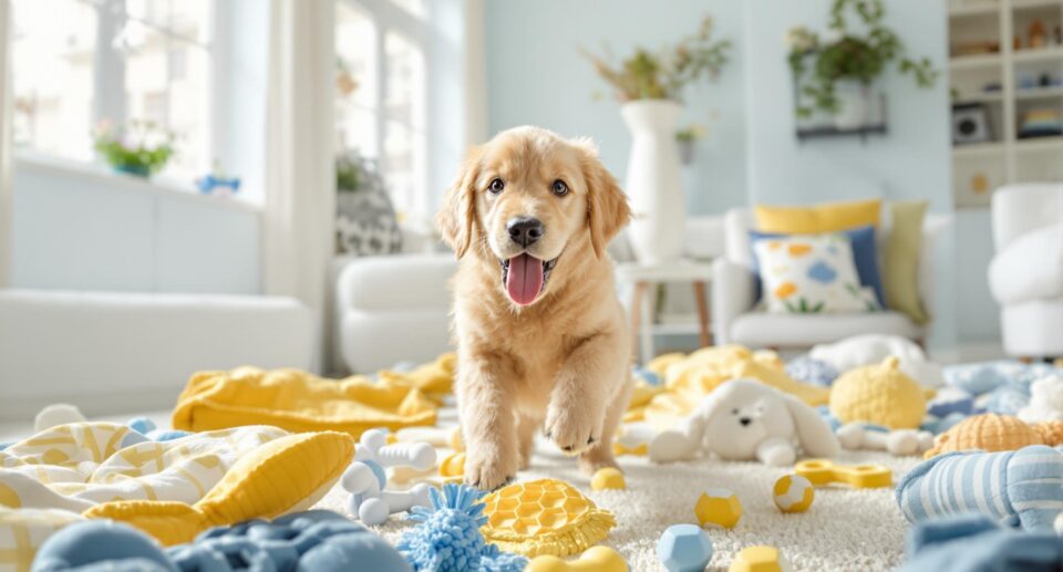A playful golden retriever puppy in a clean living room with blue and yellow toys, symbolizing flea-free pet health.