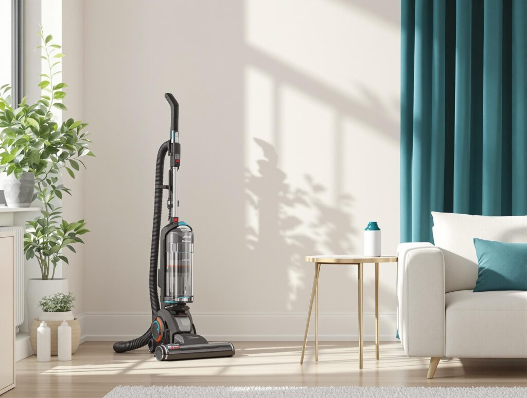 Modern minimalist living room with vacuum and fogger for flea removal.