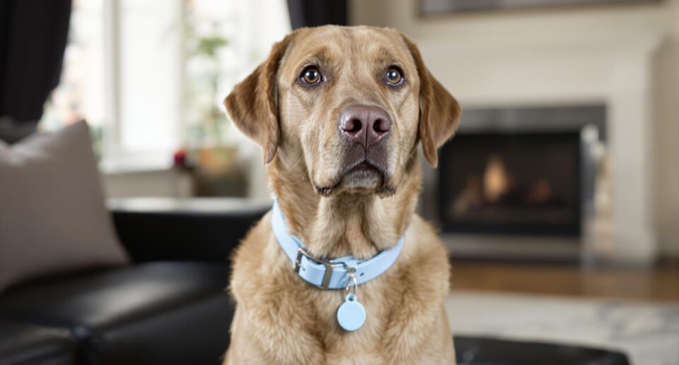 Medium-sized friendly dog with blue collar sitting in a contemporary living room, highlighting dog and collar details.