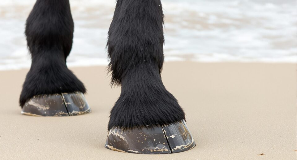 Close-up of a horse's well-trimmed black hooves standing on sand, showcasing proper hoof maintenance and regular farrier care.