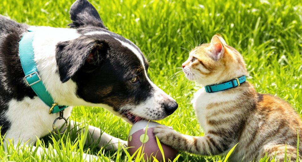 Black and white terrier mix and tabby cat play in a sunlit garden, showcasing healthy pets in a safe environment with Frontline flea and tick protection.