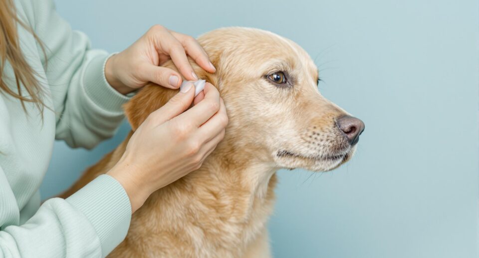 Compassionate owner in mint sweater gently cleans a mid-sized dog's ear, showcasing tender pet care.