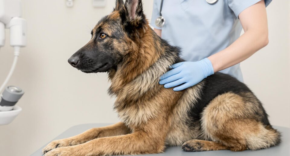 German Shepherd undergoing a hip examination by a veterinarian in a clinical setting, highlighting hip dysplasia care.