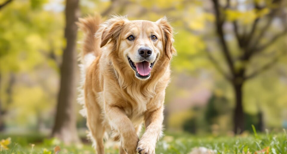 Energetic senior golden retriever demonstrating vitality in a sunlit park, highlighting benefits of glucosamine and chondroitin for dogs.