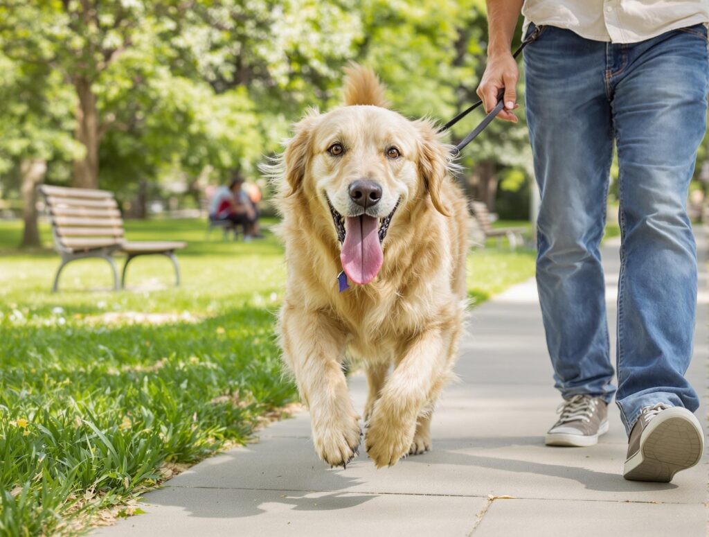 A golden retriever being walked on a pathway