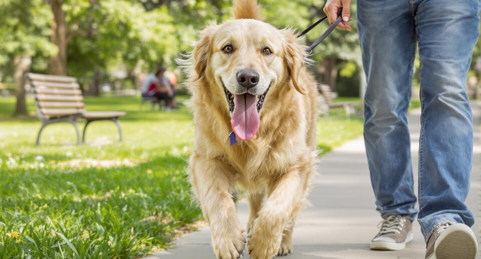 A golden retriever being walked on a pathway