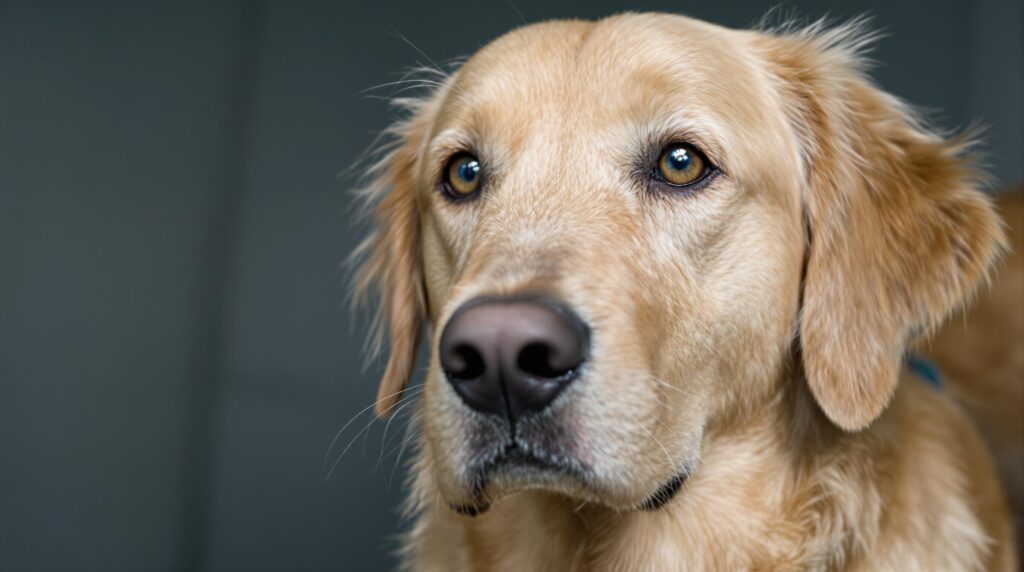 A golden retriever against a dark background looks to its right