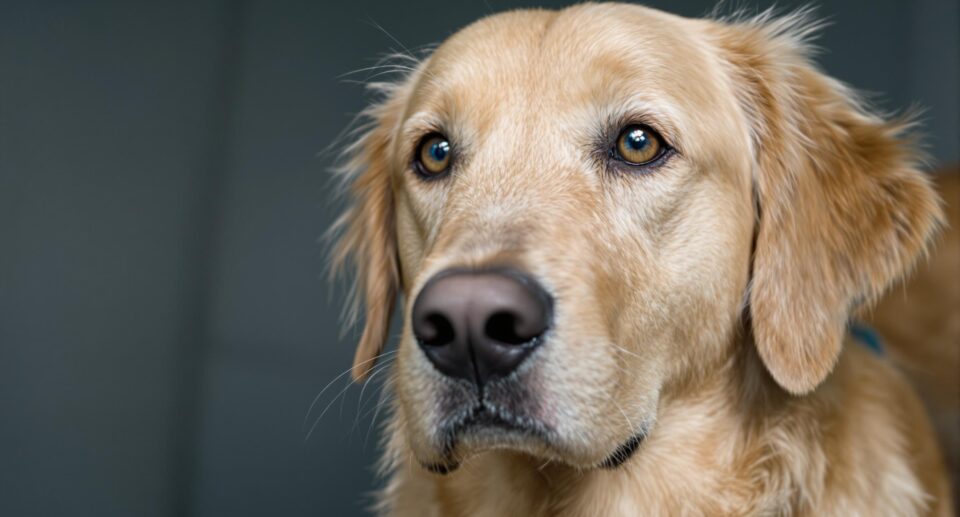 A golden retriever against a dark background looks to its right