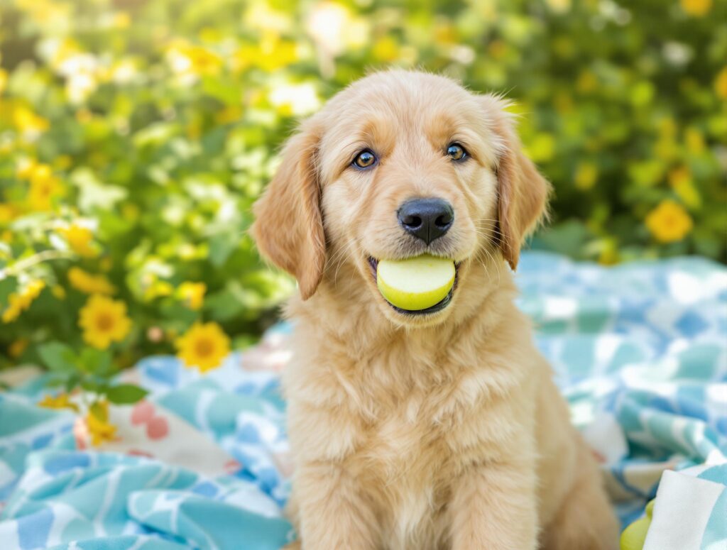 A golden retriver puppy with a green apple in its mouth