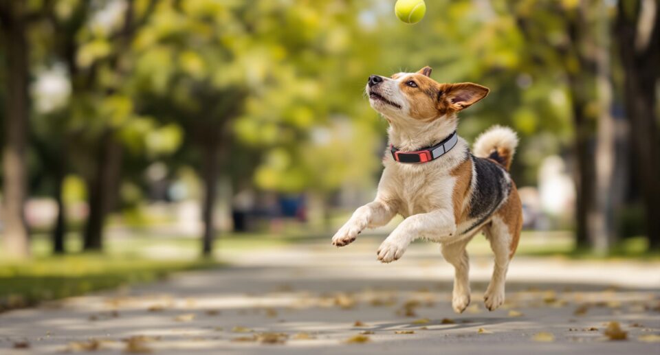 Medium-sized terrier mix dog wearing a modern GPS tracking collar, leaping to catch a tennis ball in a sunlit urban park, highlighting safety and freedom.