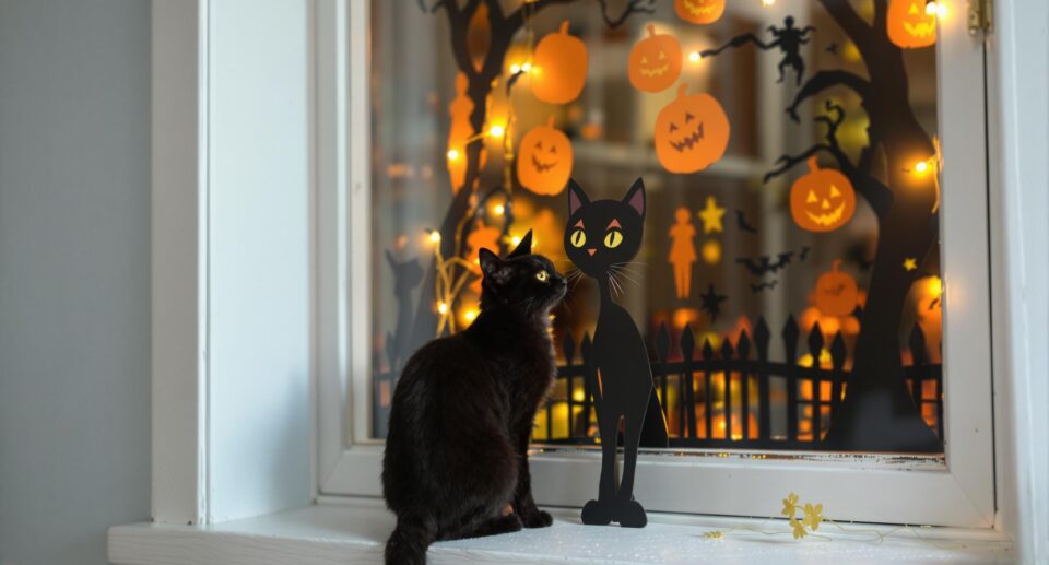 A sleek black cat on a windowsill gazes at Halloween decorations, emphasizing cat safety tips.