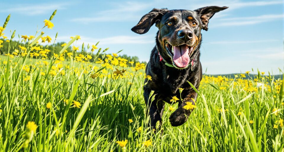 Labrador Retriever running energetically through a green meadow, promoting dog health and vitality.